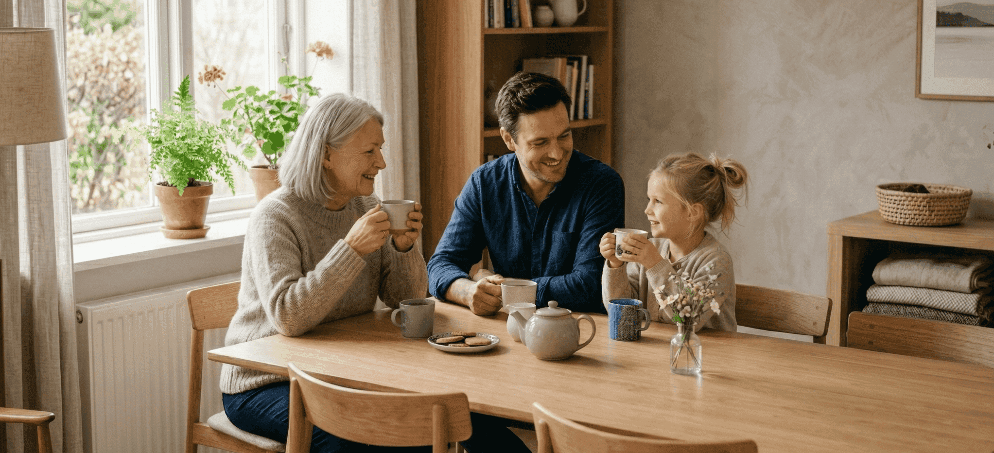 Familj samlad runt köksbordet i ett varmt hem